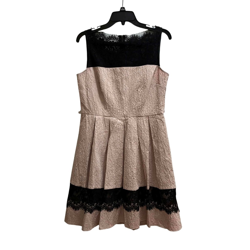 Just Taylor Fit Flare Dress Womens 10 Pink Black Jacquard Lace Trim Romantic